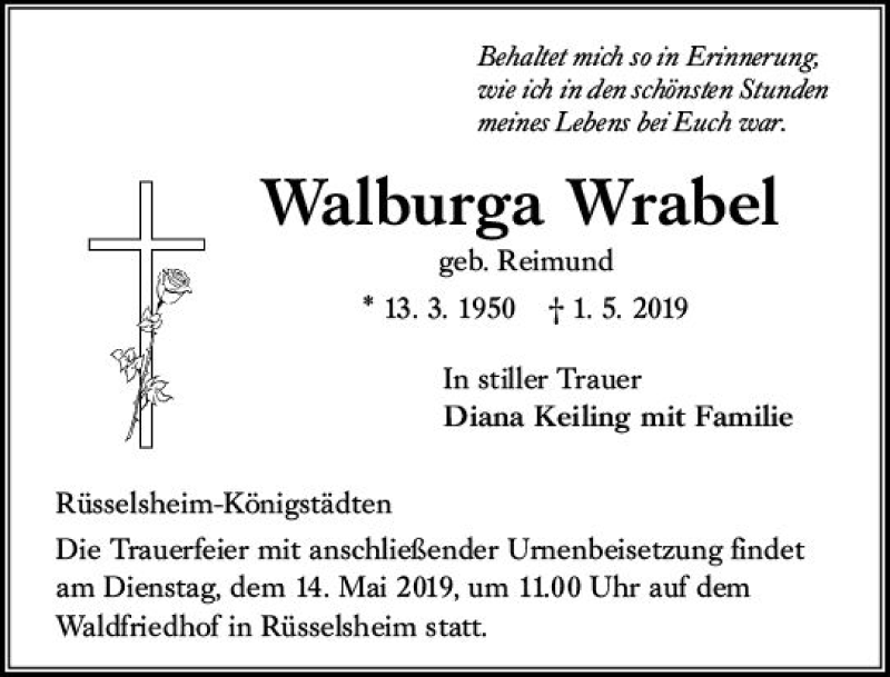  Traueranzeige für Walburga Wrabel vom 11.05.2019 aus vrm-trauer