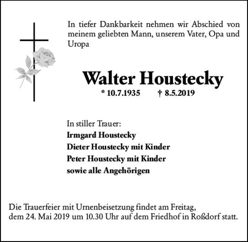  Traueranzeige für Walter Houstecky vom 18.05.2019 aus vrm-trauer
