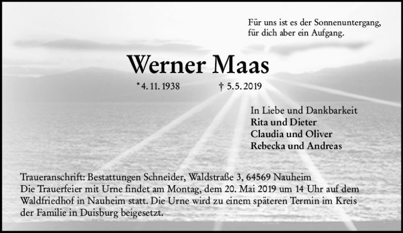 Traueranzeige für Werner Maas vom 15.05.2019 aus vrm-trauer