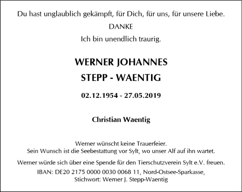  Traueranzeige für Werner Johannes Stepp-Waentig vom 01.06.2019 aus vrm-trauer