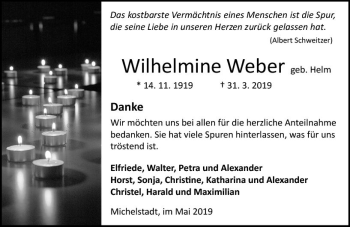 Traueranzeige von Wilhelmine Weber von vrm-trauer