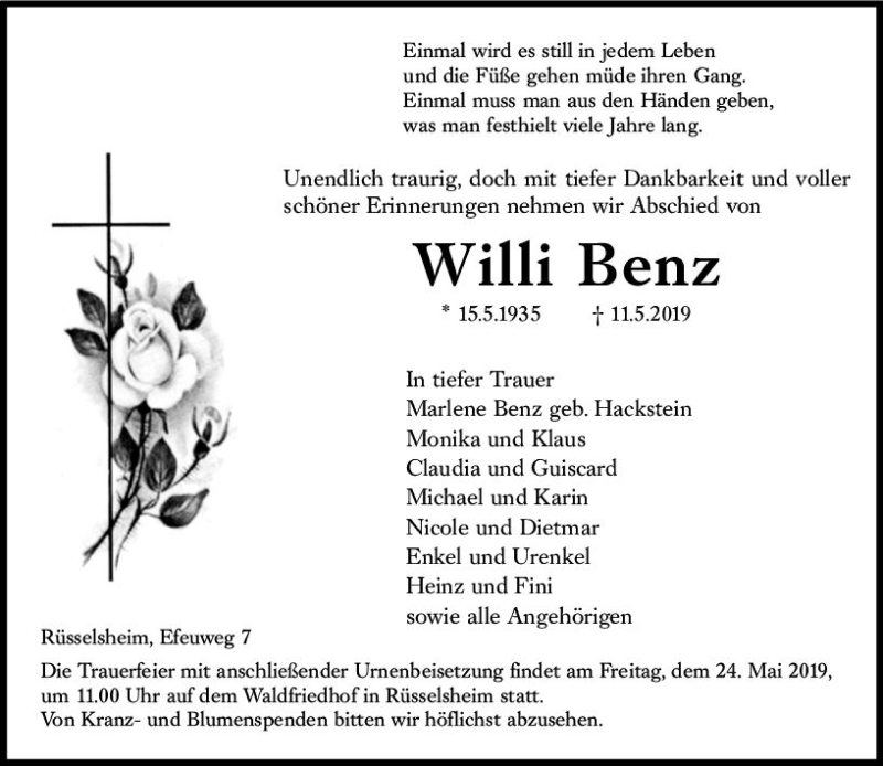  Traueranzeige für Willi Benz vom 18.05.2019 aus vrm-trauer