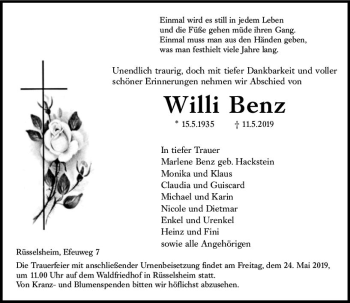 Traueranzeige von Willi Benz von vrm-trauer