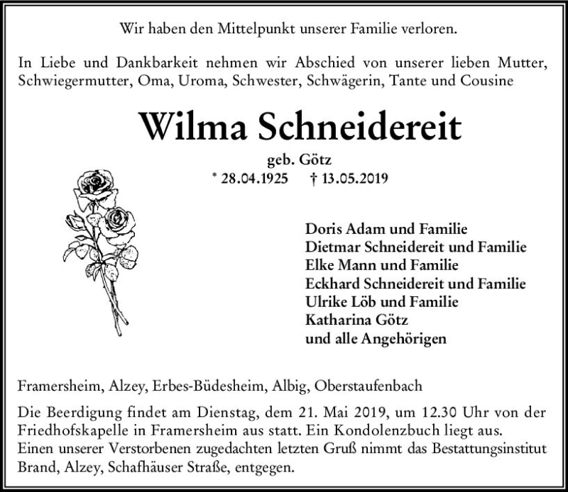  Traueranzeige für Wilma Schneidereit vom 18.05.2019 aus vrm-trauer
