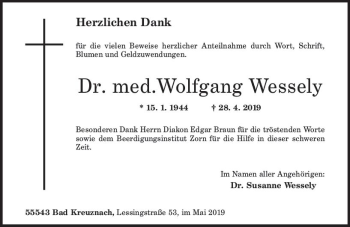 Traueranzeige von Wolfgang Wessely von vrm-trauer