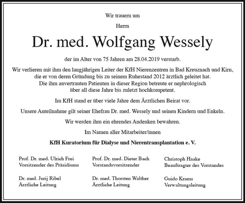 Traueranzeige für Wolfgang Wessely vom 04.05.2019 aus vrm-trauer