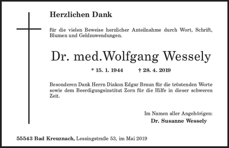  Traueranzeige für Wolfgang Wessely vom 18.05.2019 aus vrm-trauer