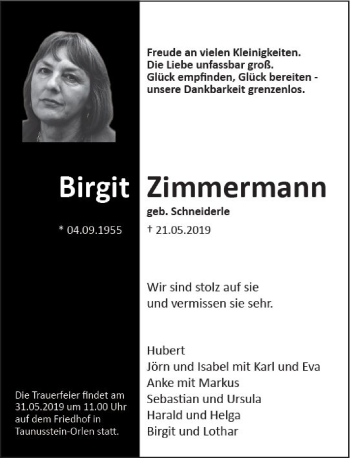 Traueranzeige von Birgit Zimmermann 
