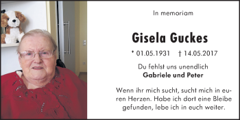 Traueranzeige von Gisela Guckes von VRM Tageszeitungen