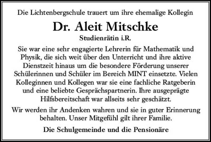  Traueranzeige für Aleit Mitschke vom 07.06.2019 aus vrm-trauer