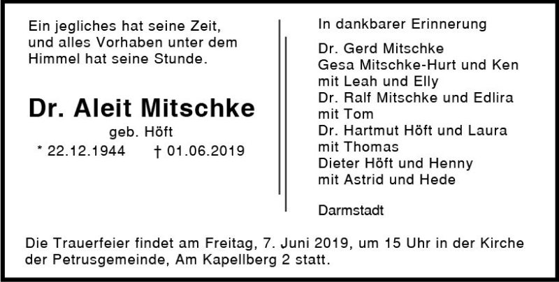  Traueranzeige für Aleit Mitschke vom 05.06.2019 aus vrm-trauer