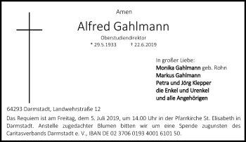 Traueranzeige von Alfred Gahlmann von vrm-trauer