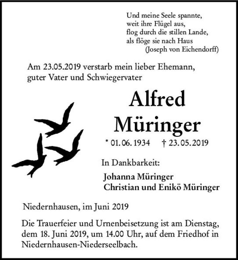  Traueranzeige für Alfred Müringer vom 08.06.2019 aus vrm-trauer