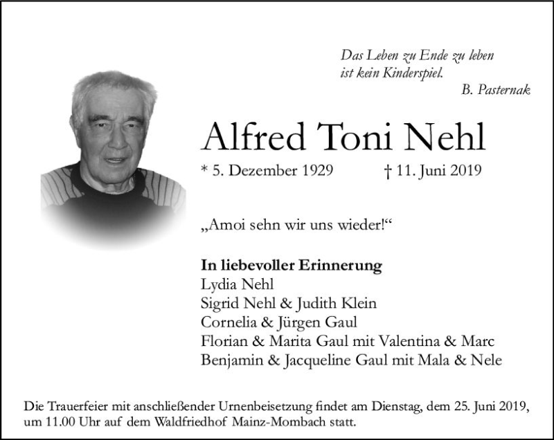  Traueranzeige für Alfred Toni Nehl vom 22.06.2019 aus vrm-trauer
