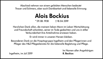 Traueranzeige von Alois Bockius von vrm-trauer