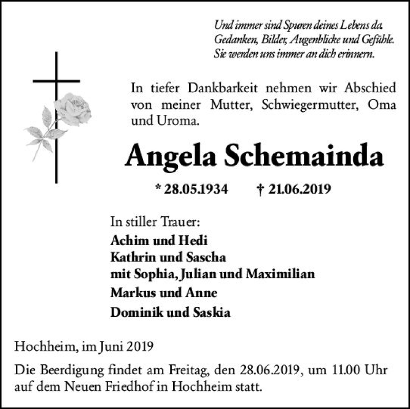  Traueranzeige für Angela Schemainda vom 28.06.2019 aus vrm-trauer