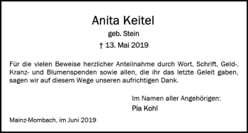 Traueranzeige von Anita Keitel von vrm-trauer