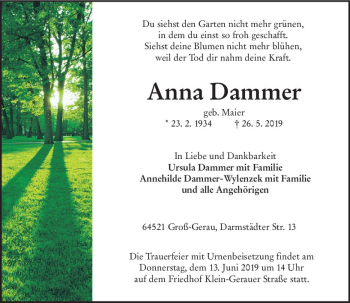 Traueranzeige von Anna Dammer von vrm-trauer