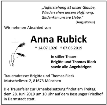 Traueranzeige von Anna Rubick von vrm-trauer