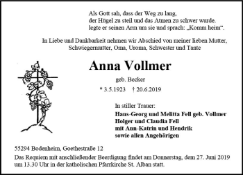 Traueranzeige von Anna Vollmer von vrm-trauer