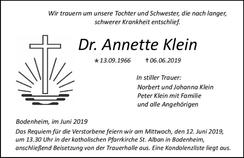  Traueranzeige für Annette Klein vom 11.06.2019 aus vrm-trauer