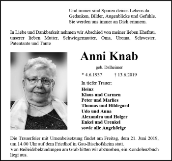 Traueranzeige von Anni Knab von vrm-trauer