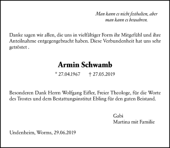 Traueranzeige von Armin Schwamb von vrm-trauer