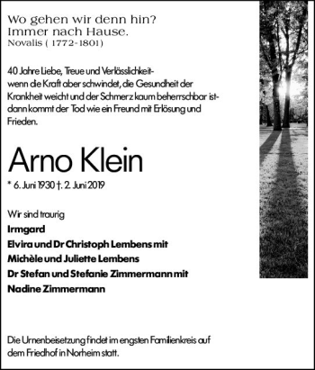 Traueranzeige von Arno Klein von vrm-trauer