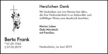 Traueranzeige von Berta Frank von vrm-trauer