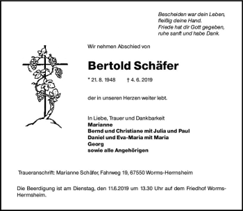 Traueranzeige von Bertold Schäfer von vrm-trauer
