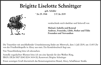 Traueranzeige von Brigitte Liselotte Schnittger von vrm-trauer