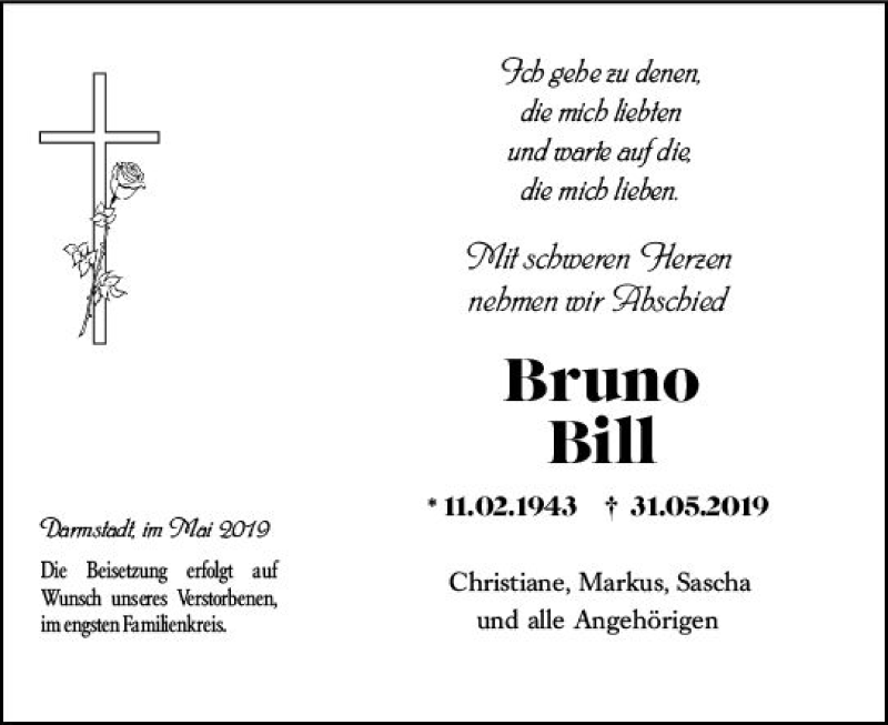  Traueranzeige für Bruno Bill vom 22.06.2019 aus vrm-trauer