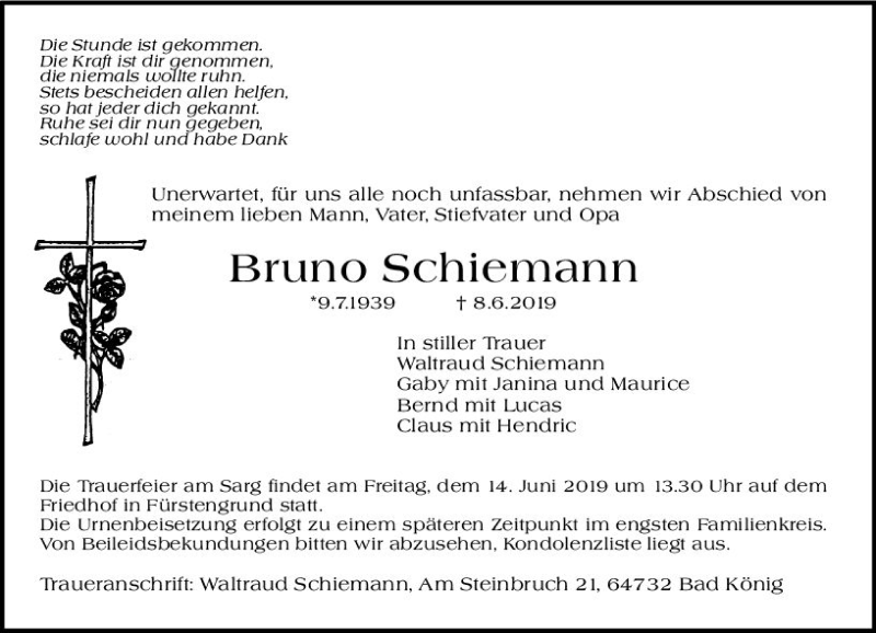  Traueranzeige für Bruno Schiemann vom 12.06.2019 aus vrm-trauer