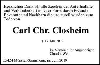 Traueranzeige von Carl Closheim von vrm-trauer
