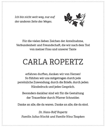 Traueranzeige von Carla Ropertz von vrm-trauer