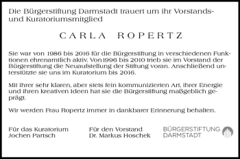Traueranzeige von Carla Ropertz von vrm-trauer