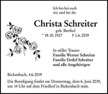 Traueranzeige von Christa Schreiter von vrm-trauer