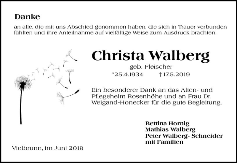  Traueranzeige für Christa Walberg vom 15.06.2019 aus vrm-trauer
