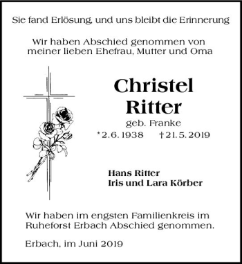 Traueranzeige von Christel Ritter von vrm-trauer
