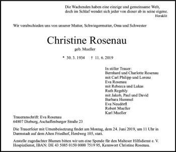 Traueranzeige von Christine Rosenau von vrm-trauer