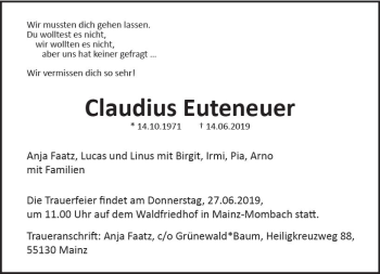 Traueranzeige von Claudius Euteneuer von vrm-trauer