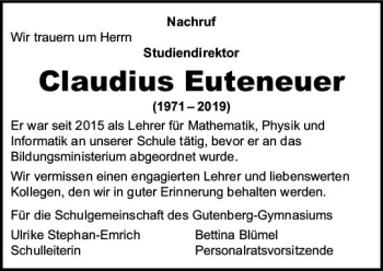 Traueranzeige von Claudius Euteneuer von vrm-trauer