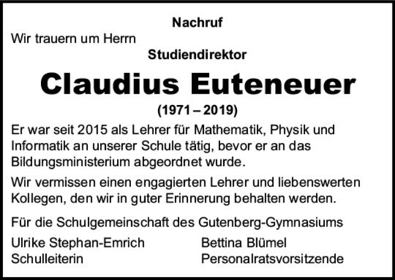 Traueranzeige für Claudius Euteneuer vom 22.06.2019 aus vrm-trauer