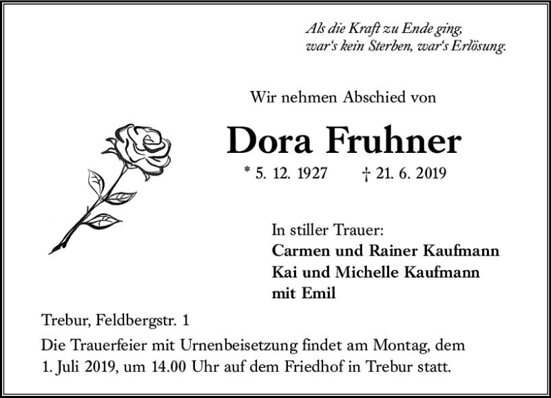 Traueranzeige für Dora Fruhner vom 27.06.2019 aus vrm-trauer