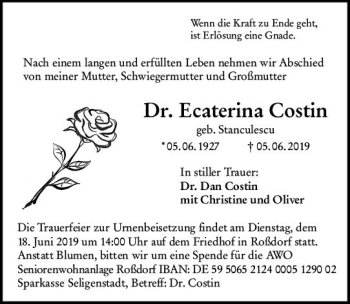 Traueranzeige von Ecaterina Costin von vrm-trauer