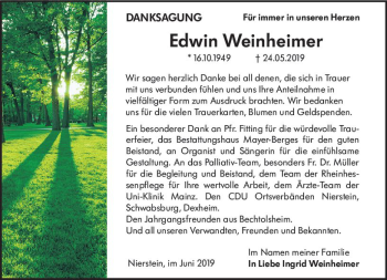 Traueranzeige von Edwin Weinheimer von vrm-trauer