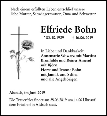 Traueranzeige von Elfriede Bohn von vrm-trauer