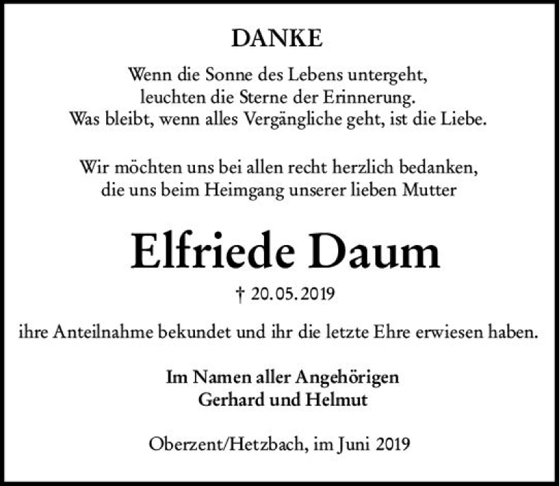  Traueranzeige für Elfriede Daum vom 14.06.2019 aus vrm-trauer