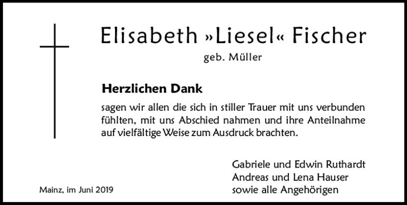  Traueranzeige für Elisabeth Fischer vom 19.06.2019 aus vrm-trauer