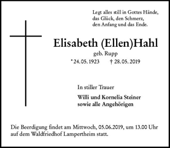Traueranzeige von Elisabeth Hahl von vrm-trauer